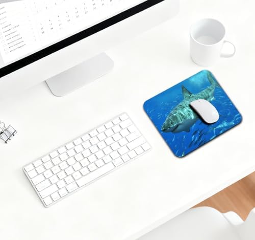 9.5x7.9 Inch Office/Gaming Mouse Pad, Great White Shark Dominating a School of Fish in The Blue Ocean Cute Anti-Slip Mat for Desk