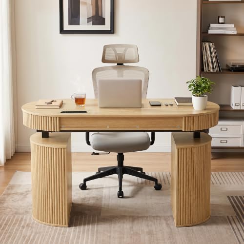 ORRD Electric Standing Desk with Storage and USB & Type-C Charging Ports, Adjustable Height Stand Up Desk, Mid Century Modern Fluted Workstation Desk for Home Office (Natural)