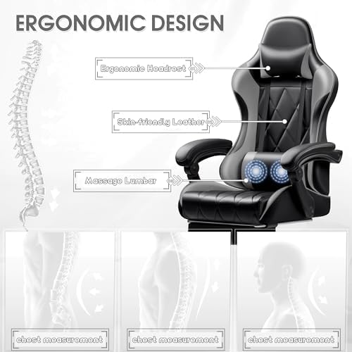 Shahoo Gaming Chair with Footrest and Massage Lumbar Support, Ergonomic Office Computer Seat Height Adjustable with Headrest, Grey