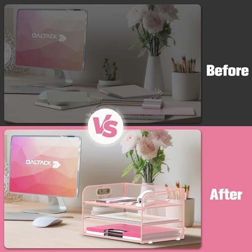DALTACK 3 Tier Paper Organizer for Desk, Sliding Paper Trays, Pink