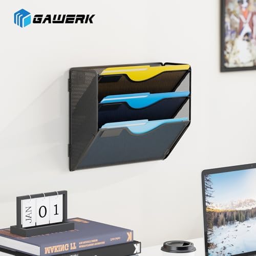 Gawerk 3 Tier Hanging Wall File Organizer, Mesh Mail Paper Orgnization Hanging File Folder Holder for Home Office, Black