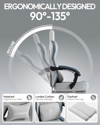 Dowinx Gaming Chair Breathable Fabric Game Chair with Gel Pad and Storage Bag, Comfortable Gamer Chair with Pocket Spring Cushion, Ergonomic Computer Chair with Footrest, Grey and Blue