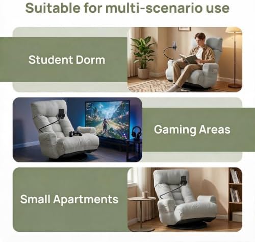 360° Swivel Floor Gaming Chair Linen Folding Chaise Lounge Chair Adjustable Cozy Sofa Chair with Armrests, Phone Holder & Padded Cushion, Ideal for Living Room, Bedroom (Grey)