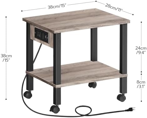 HOOBRO 2-Tier Printer Stand with Charging Station, Under Desk Printer Table, Printer Cart with Storage Shelves, Shelf for Small Spaces, for Home Office, Greige and Black BG38UPS01