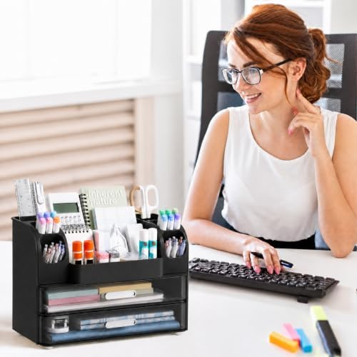 HBlife Desk Organizer with Pencil Pen Holder for Desk, Pen Organizer with 2 Drawers, Desk Organizers and Accessories with Compartments, Desktop Storage for Office, Home, School, Art Supplies, Black