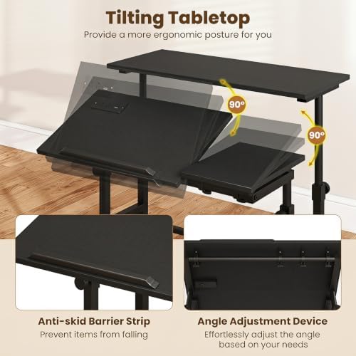 GIANTEX Mobile Standing Desk, Adjustable Rolling Computer Desk, Black