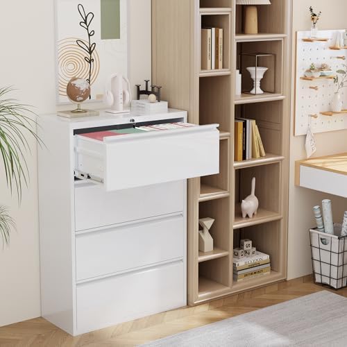 INTERGREAT 4 Drawer File Cabinet, White Lateral File Cabinet with Lock, 28" W Metal Office Filing Cabinet with Adjustable Frame for Legal, Letter, A4 Files