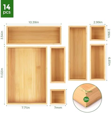 MapleGrace Bamboo Drawer Organizer Set, 14 PCS Wood Storage Organizers
