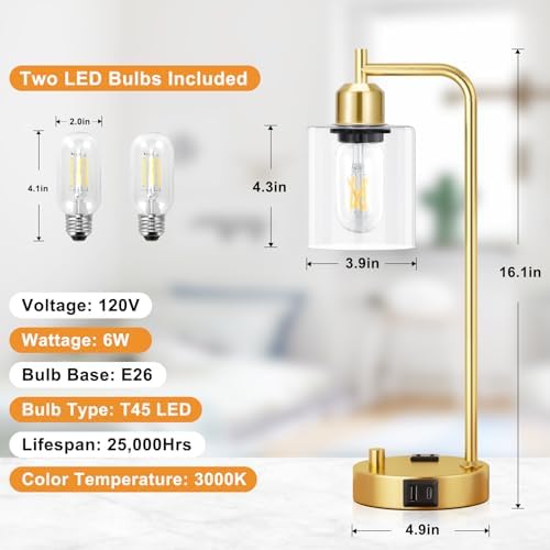 Innqoo Industrial Table Lamp for Bedroom Set of 2 - Fully Dimmable Bedside Lamps with USB Ports and Outlet, Gold Nightstand Lamps with Clear Glass Shade for Living Room, Desk Lamps for Office Reading