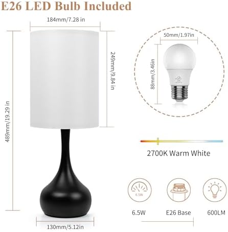 ONEWISH Touch Bedside Lamp for Bedroom, 3-Way Dimmable Table Lamps for Nightstand, White Fabric Shade Desk Lamp for Kids Reading, Living Room, Home Office