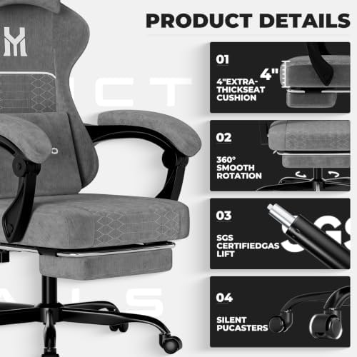 Gaming Chair with Footrest, Ergonomic Computer Chair with Lumbar & Headrest Support for Adults, High Back Office Desk Chair with 360°Swivel Wheels for Game and Work, Breathable Fabric,Grey