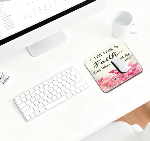 9.5x7.9 Inch Office/Gaming Mouse Pad, I Will Walk by Faith Even When I Cannot See Christian Bible Verse Scripture Quote, Pink Lotus Flowers Motivational Floral Cute Anti-Slip Mat for Desk