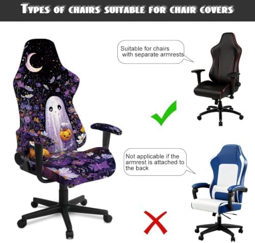 Purple Gaming Chair Cover Stretchable Game Chair Slipcovers with 2 Armrest Covers Halloween Cute Ghost Gamer Desk Chair Covers for Computer Office Seat