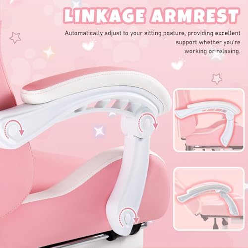 Pink Gaming Chair with Cat Ears & Footrest, Ergonomic Gaming Computer Desk Chair with Cat Paw Lumbar Support & Linked Armrests - Cute PU Leather Game Chair for Girls Adults
