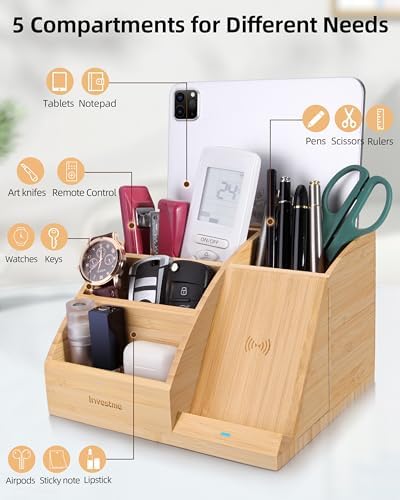 Bamboo Pen Holder with Wireless Charger, Desk Organizer 5 Compartments