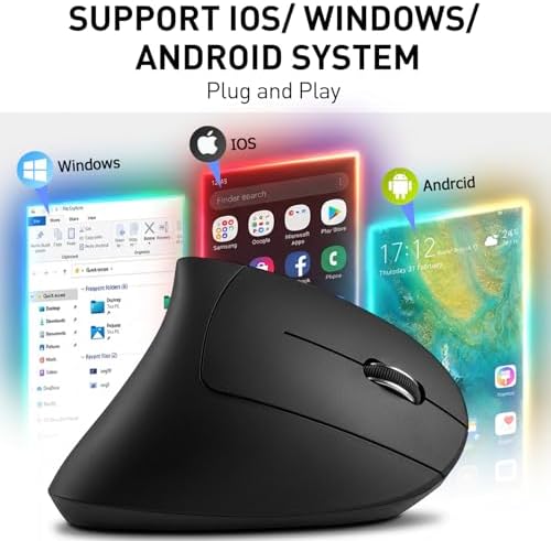 Ergonomic Mouse, Bluetooth and 2.4G Dual Mode Rechargeable Wireless Vertical Mouse, 800/1200/1600 Adjustable DPI, Quiet Clicks,6 Buttons,2.4GHz USB-A Optical Mice for Laptop/MacBook/PC/Desktop-Black