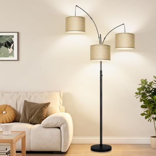 Nintiue Dimmable Floor Lamp, 3 Lights Black Arc Floor Lamp, Modern Tall Standing Tree Lamp with Champagne Linen Shades & Heavy Base, 3000LM LED Bulbs, Bright Lighting for Living Room, Bedroom, Office