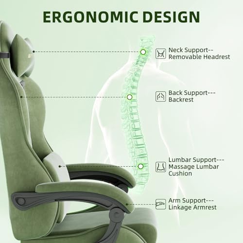 Ferghana Velvet Fabric Gaming Chair, Ergonomic Gamer Chair for Adult, Comfortable Video Game Chair with Footrest and Massage Lumbar Cushion, Racing Reclining Office Home Computer Desk Chair Green