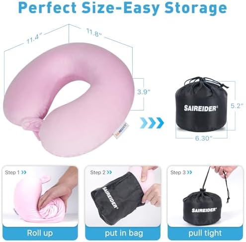 SAIREIDER Travel Neck Pillow 100% Pure Memory Foam Airplane Pillow for Head Support,Soft Adjustable Pillow for Plane, Car & Home Recliner with Storage Bag (Pink)