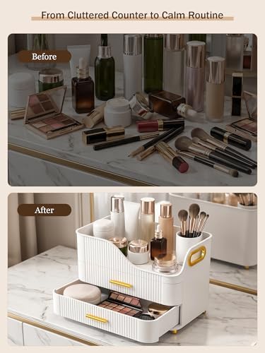 Booklov Large Makeup Organizer for Vanity, Bathroom Countertop, White