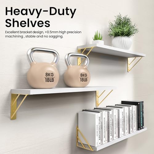 BAYKA 22.4 in Long Wall Mounted Floating Shelves (White and Gold, Set of 3)