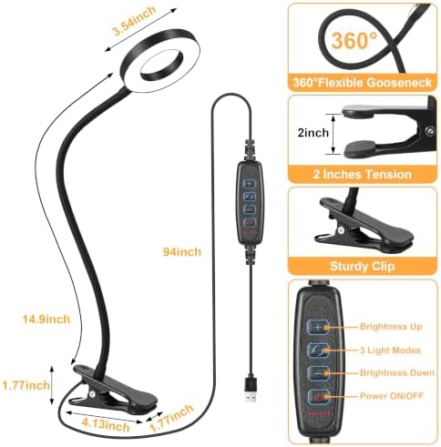 Eye-Caring Clip On Desk Lamp, 3 Modes 10 Dimming Levels, Black