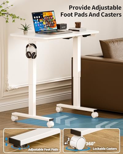 Okin Electric Standing Desk 31.5x19.7 Inches Small Computer Desk-Whole Piece Stand up Desk with Wheels Gaming Rolling Home Office Desks, White