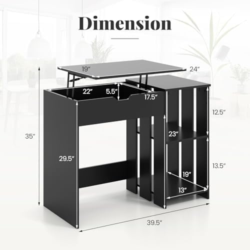 Tangkula Computer Desk with Lift Top, Space Saving Standing Desk with Hidden Compartment and Open Storage Shelves, Study Writing Desk with Lifting Mechanism, Black