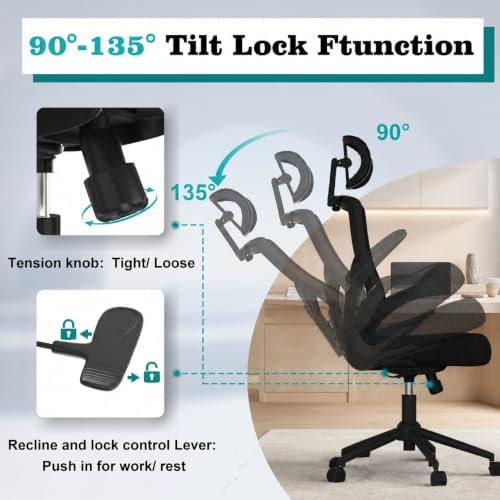 Office Desk Chair for Long Hours & Back Pain Relief – 4“ Thick Molded Foam Cushion, Enhanced Lumbar Support, Padded Flip-up Armrests, Ideal for Office or Study (Black-HR)
