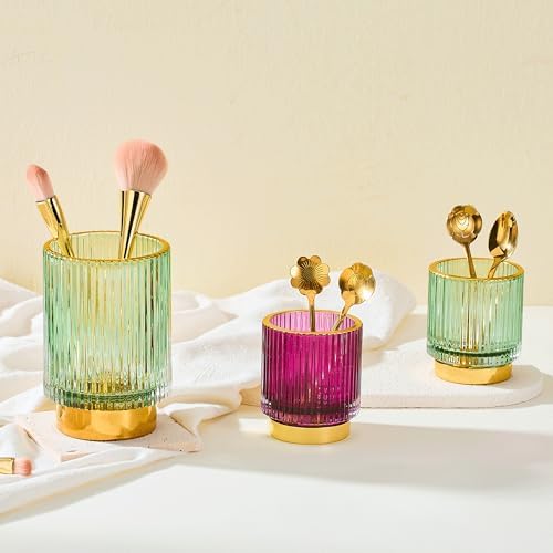 Makeup Brush Holder Organizer,Toothbrush Holders,Desk Pen Pencil Holder,Multifunctional Vintage Glass Brush Cup(L/Green/A3-6-US)