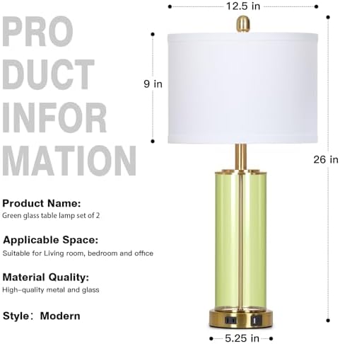 Ruzectt 26" Green Glass Table Lamps for Bedside, Modern Living Room Lamps Set of 2, Elegant Coastal Bedroom Lamp with USB A+C Ports & AC Outlet, 3-Way Dimmable Touch Lamp for Nightstand Dining Table