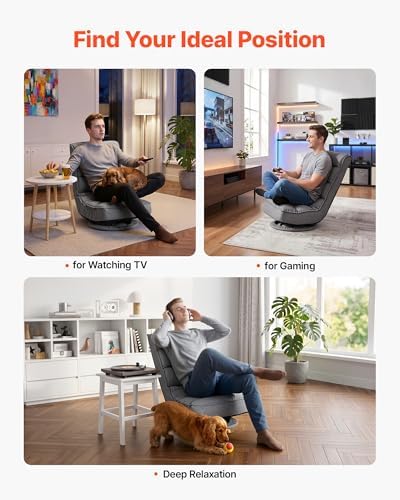 VEVOR Swivel Floor Gaming Chair, 360-Degree Rotating Floor Chair with 4 Adjustable Position Folding Backrest, Metal Frame with Recycled Foam and Linen Fabric, for Watching TV, Reading, Relaxing, Gray