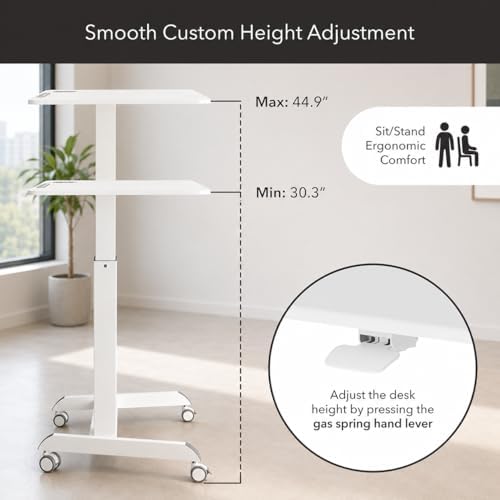 Mount-It! Laptop Cart Rolling Desk Adjustable Height with 28.5" x 22" Tabletop, Ergonomic Sit-Stand Workstation on Wheels Portable for Home Office, Dorm, Classroom, White