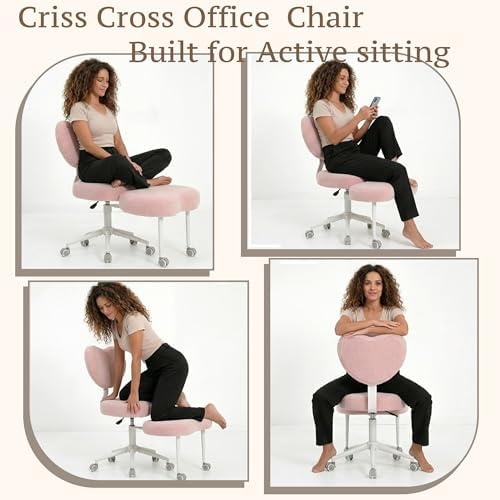 Cross Legged Chair, Meditation Chair Plus with 360° Swivel Wheels for ADHD/Fidgety Sitters, Height Adjustable & Ergonomic Lumbar Support, Teddy Fabric, Pink Home Office Furniture