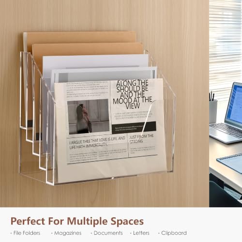 DINGHUO 5 Tier Acrylic Desk Office Wall File Organizer, Clear Wall Mounted File Holder, Magazine Rack Hanging File Organizer (Adhesive Hooks x 2)