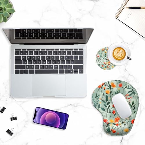 ITNRSIIET Ergonomic Mouse Pad Coaster Set with Gel Wrist Support Wrist Rest Smooth Surface Non-Slip PU Base Comfortable Office Supplies Pain Relief, 9.5 x 8.3 inches, Beautiful Flowers