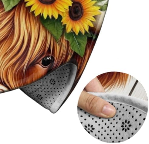 Fashion Round Area Rug Large Non Slip Carpet, Wooden Sunflower Highland Cow Unisex Home Decor Mat
