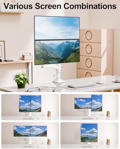 Dual Monitor Stand for 2 Screens up to 32 inch, Vertical Stacked Dual Monitor Mount, Full Motion Adjustable Tall Double Monitor Desk Mount, Each Arm Holds 4.4-22lbs, VESA 75/100mm, White, Freelift