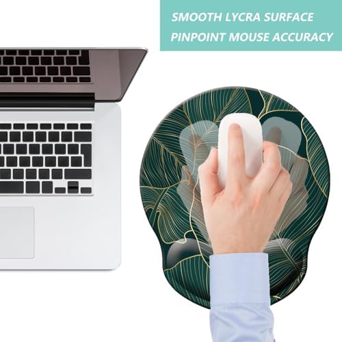Mouse Pad with Wrist Support, Ergonomic Mouse Pad with Memory Foam Wrist Rest Cushion, Non-Slip Rubber Base Gaming Mice Pad for Home Office Computer Laptop, Green Leaves