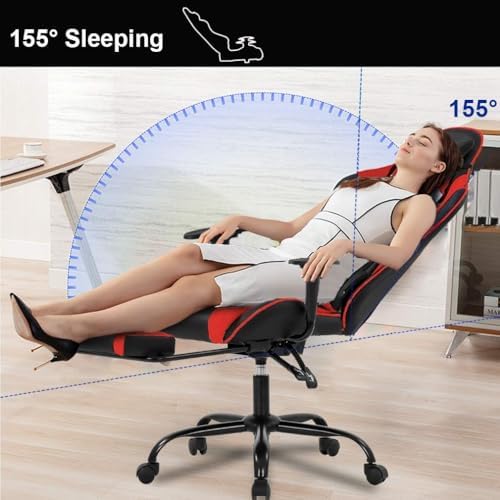 PC Gaming Chair with Footrest, Ergonomic Home Office Chair with Lumbar Support & Headrest Pillow, Red