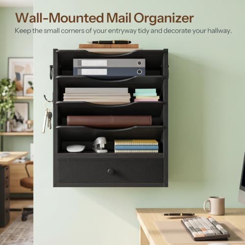 HOOBRO Wall File Organizer, Mail Organizer Wall Mounted, Wooden Literature Organizer, Construction Paper Organizer with Drawer Storage and 2 Hooks, for Office, Classroom, Home, Black BK14WF01