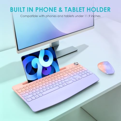 Full-Size Ergonomic Keyboard and Mouse, 2.4GHz Wireless Keyboard and Vertical Mouse with Tablet Phone Holder, Wrist Rest for Computer Mac PC Laptop Chromebook, Pinkpurple