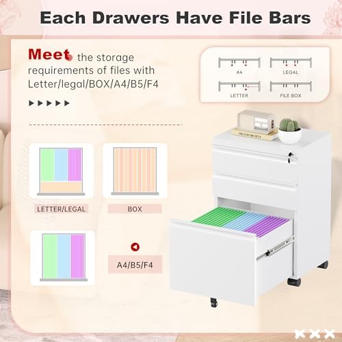 Superday White 3 Drawer Mobile Locking File Cabinet, Metal Rolling Vertical Filing Cabinet with Drawers, Small Under Desk File Cabinets for Office and Home, Fully Assemble