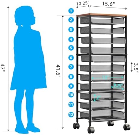 Simple Trending 12-Tier Rolling File Cart, Desk File Organizer with 11 Mesh Sliding Trays, Letter & Legal Paper Storage Rolling Utility Cart for Office Home School, Black