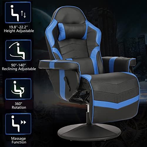 Gaming Chair, Reclining Gaming Chair with Footrest, PU Leather Game Chair Recliner with Massage, Swivel Recliner Gaming Chairs for Adults with Cup Holder, Lumbar Support, Side Pouch (Blue)