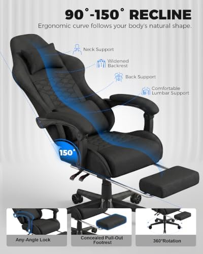 LUCKRACER Gaming Chair with Footrest and Pocket Spring Cushion, 90°-155° Reclining Ergonomic Computer Chair, 4" Height Adjustable, Lumbar Support, SGS Class 3 Gas Lift, Black