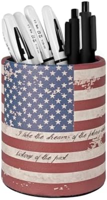 Pen Pencil Holder Cup Container PU Leather Desk Organizer Stand Decor Brush Scissor Holder Decoration Office Desk Home School (3.3" x 3.3" x 4", US Flag)