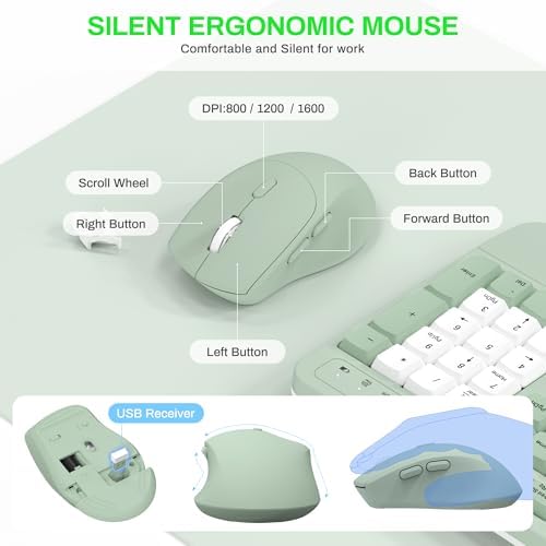 Wireless Keyboard and Mouse Combo,2.4G Ergonomic Wave Keys(Avocado Green-B)