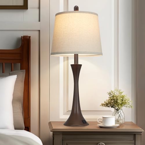Rinweey 27.5" Table Lamps Set of 2, Touch Bedside Lamps with USB C+A Ports, 3 Way Dimmable Nightstand Lamps for Bedroom, Living Room, Office, Brown Lamp with Beige Lampshade, Bulbs Included