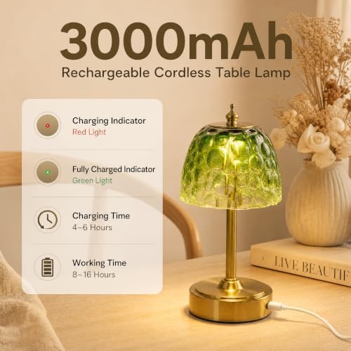Mini Rechargeable Cordless Touch Table Lamp, Battery Powered, Green Bubble Glass Shade, 2600mAh, 3 Color Temperatures, Stepless Dimming, for Bedside Dresser Bookshelf